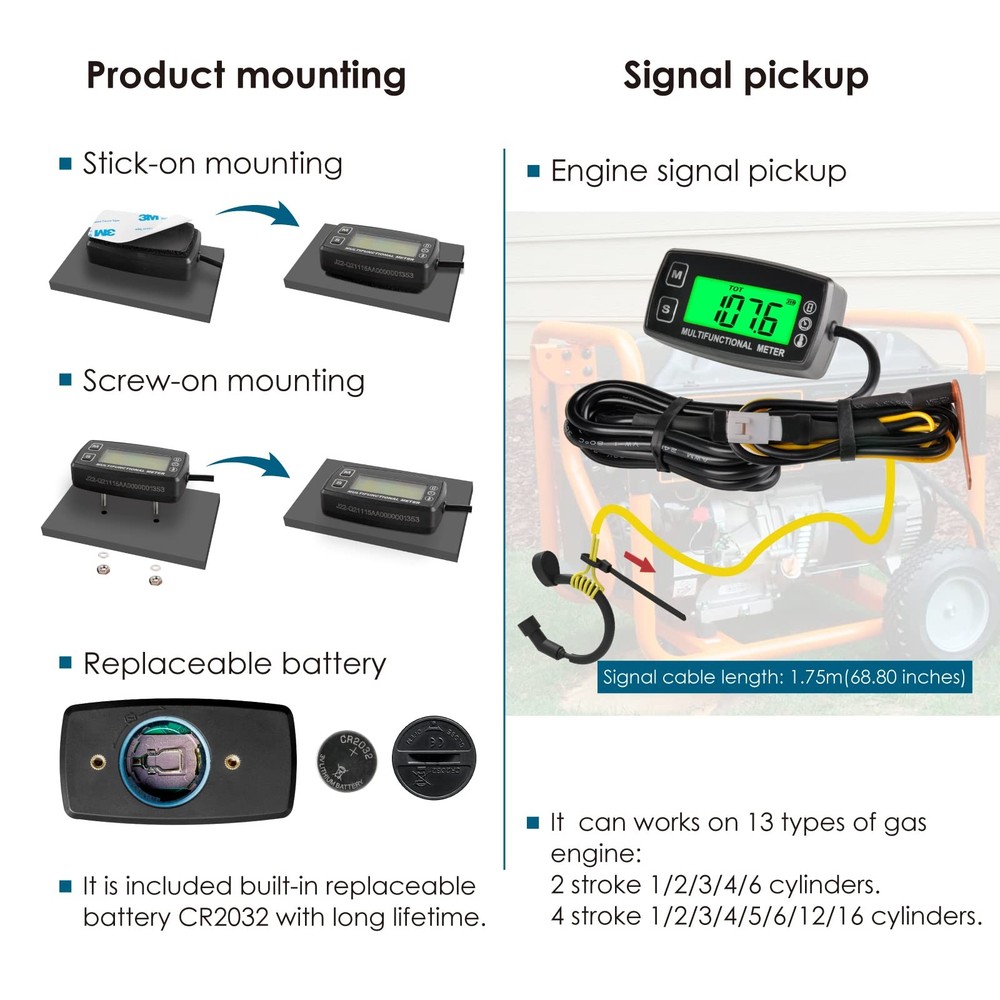 RL-HM035T-TS003 Digital Engine Temp Gauge Hours Tachometer, Backlight Display...
