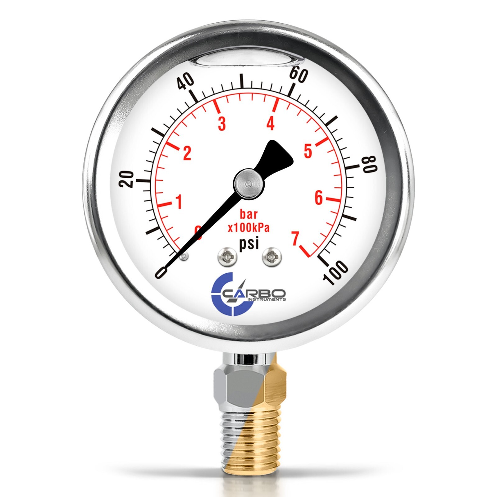 2-1/2" Pressure Gauge, Stainless Steel Case, Liquid Filled, Lower Mnt 100 PSI