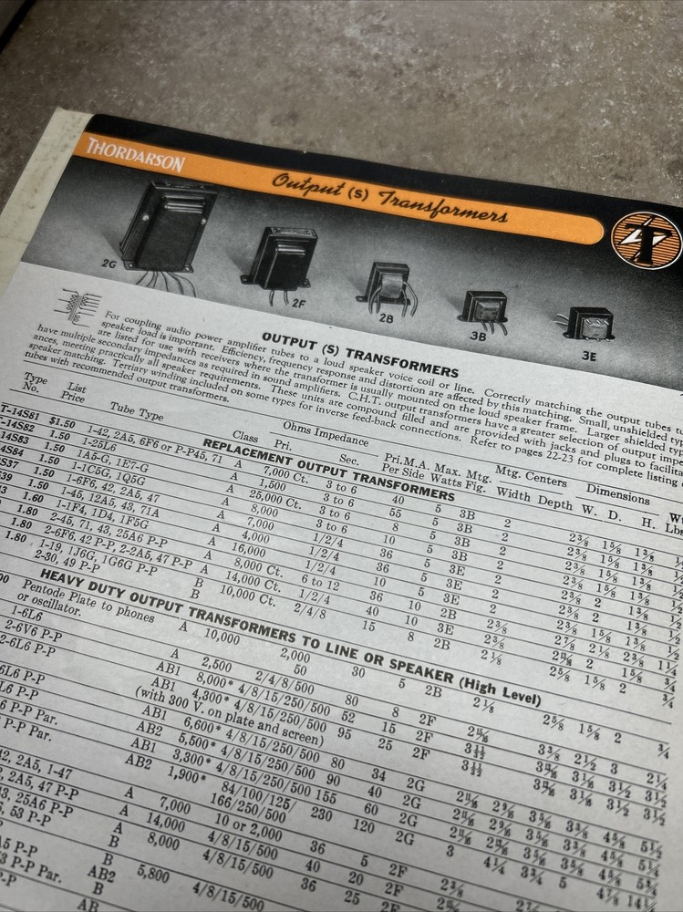 TRANSFORMERS BY THORDARSON COMPLETE CAT. NO 400-FX 1942 & COMPARISON DATA JB61