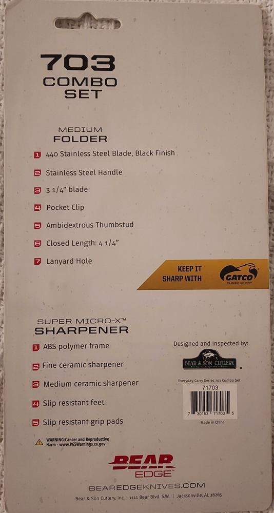 Bear Edge 703 Combo Set - Stainless Steel Knife and Ceramic Sharpener - Black