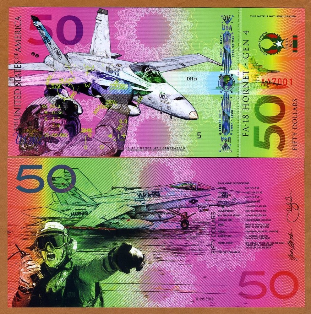 USA, $50 Private Issue Polymer, UNC FA18 Fighter Jet, Air Force, Marine Corps
