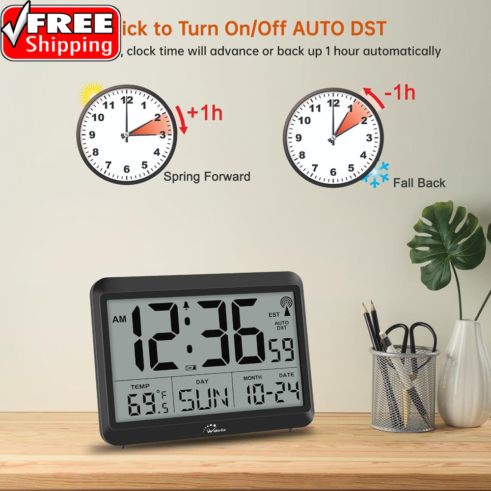Atomic Digital Wall Clock Battery Operated, Self-Setting, Large Display with Tem