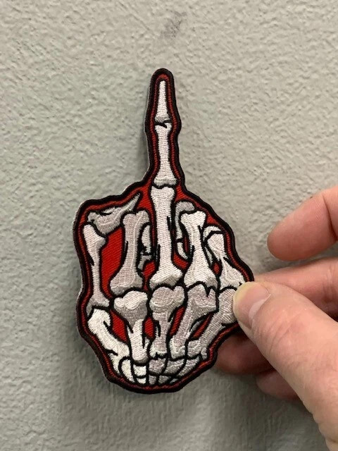 Middle Finger Skull Bone Skeleton Patch 5" X 3" (Red & White)