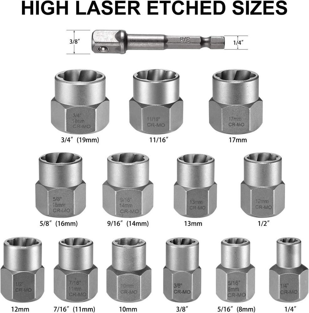 Impact Bolt Extractor Set Nut Remover Set Stripped Extraction Socket Tools 13Pcs
