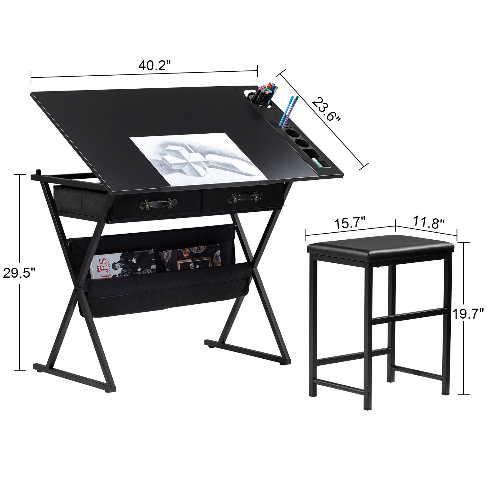 Vecelo Drafting Table Art Desk Art Table Adjustable Drawing Table w/Drawer Stool