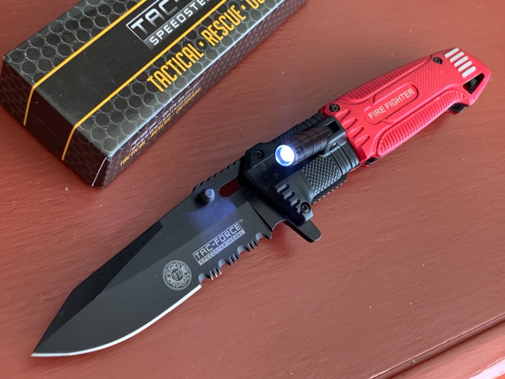 Tac-Force Red Firefighter Assisted Open Knife LED Light EDC NEW.