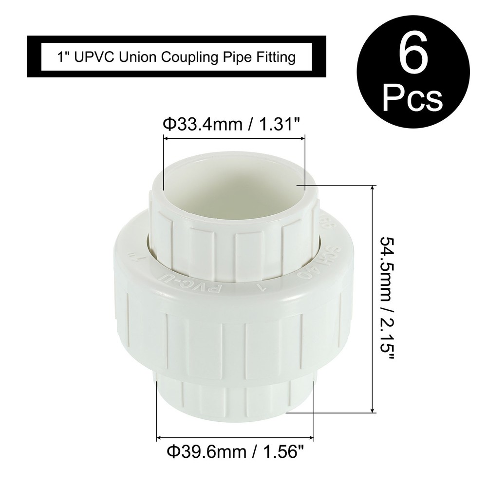 6Pcs 1" UPVC Union Coupling Pipe Fitting, UPVC Union Coupling Adapter, White