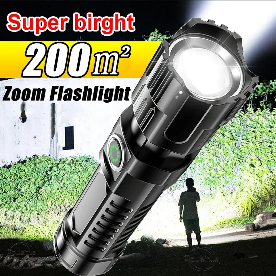 Super Bright Portable Zoom LED Flashlight Built-in Battery Type-C Rechargeable