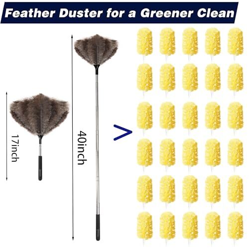 Extendable Ostrich Feather Duster - 40 inches Fluffy Long Handle Reusable