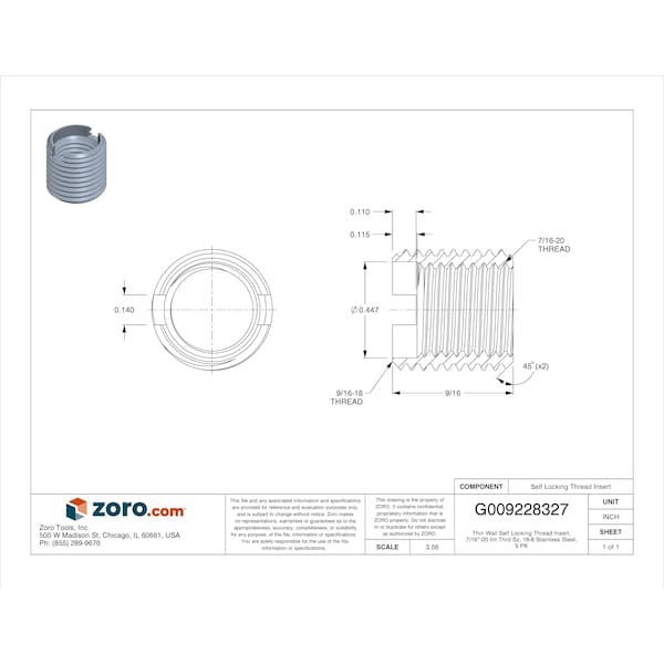 Thin Wall Self Locking Thread Insert, 7/16"-20 Int Thrd Sz, 18-8 Stainless