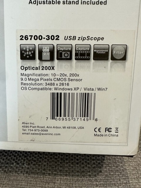 Aven 26700-302 Zip Scope USB Digital Microscope 9.0 Mega Pixel 200x Windows New