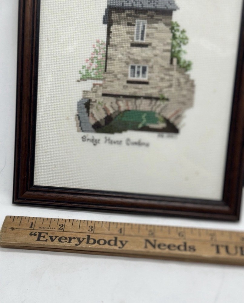 Vintage Needlepoint Lilliput Bridge House Needlework Framed Complete Signed