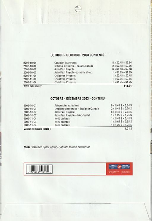 Canada, 2003 Quarterly Pack, October - December, MNH