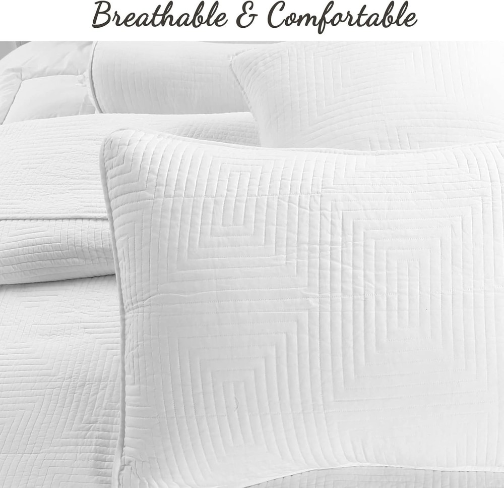 3 Piece 100% Cotton King Size Quilt Set Square Maze Solid White Reversible