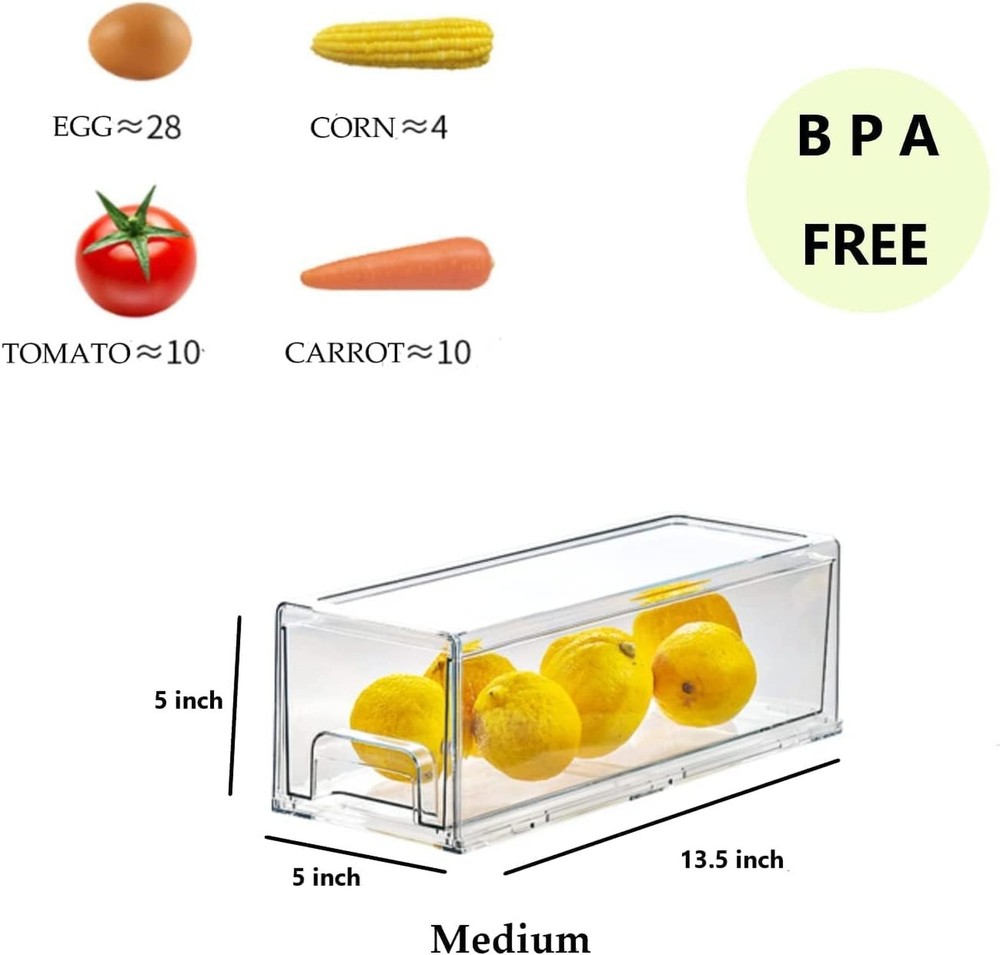2 Pack Stackable Refrigerator Drawers Pull Out Bins Clear Fridge Drawer Organ...