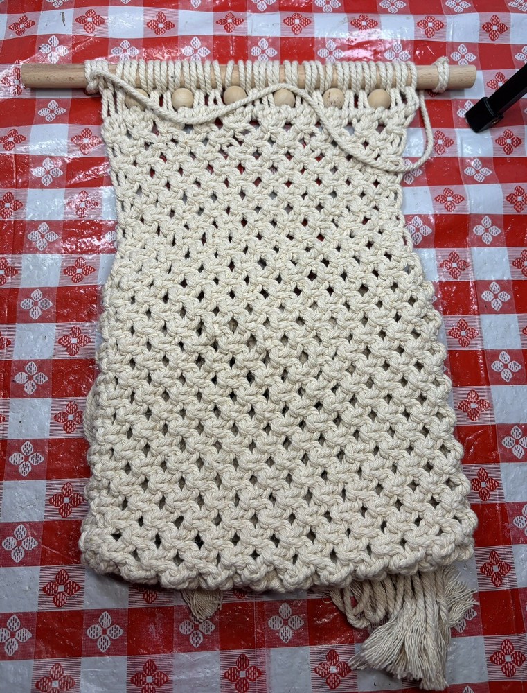 Vintage Macrame Wall Hanging Storage Basket with Bead Design Hobo