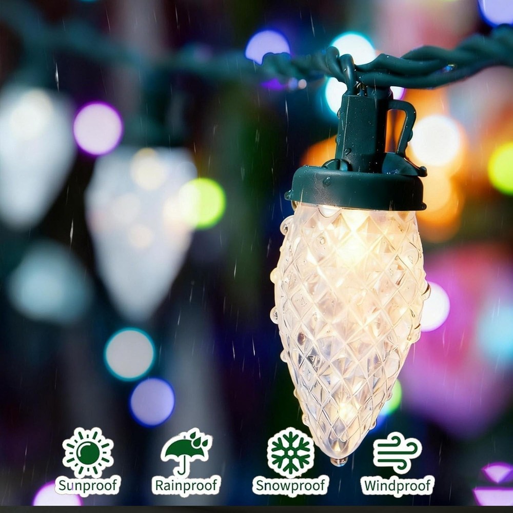 C9 LED Christmas String Lights, Quick Shingle Gutter Clips, 33 Ft End to End Con