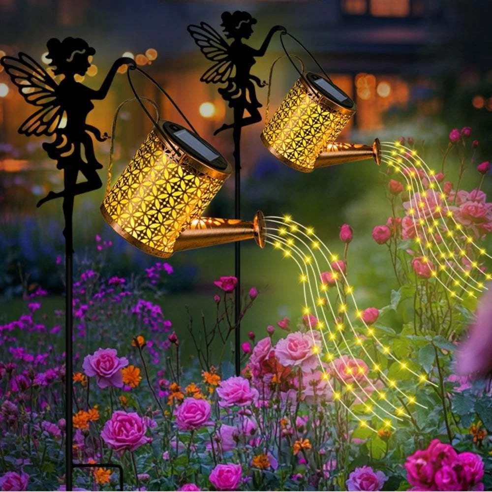 LED Solar Watering Can Lights Waterproof Garden Deco Metal Outdoor Light