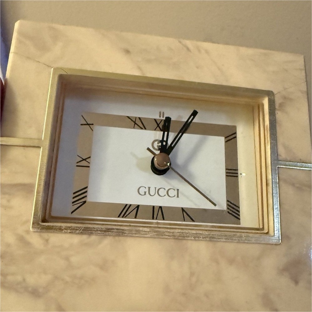 Gucci Beige Gold Rectangular Desk Clock Analog Roman Numerals Quartz Plastic