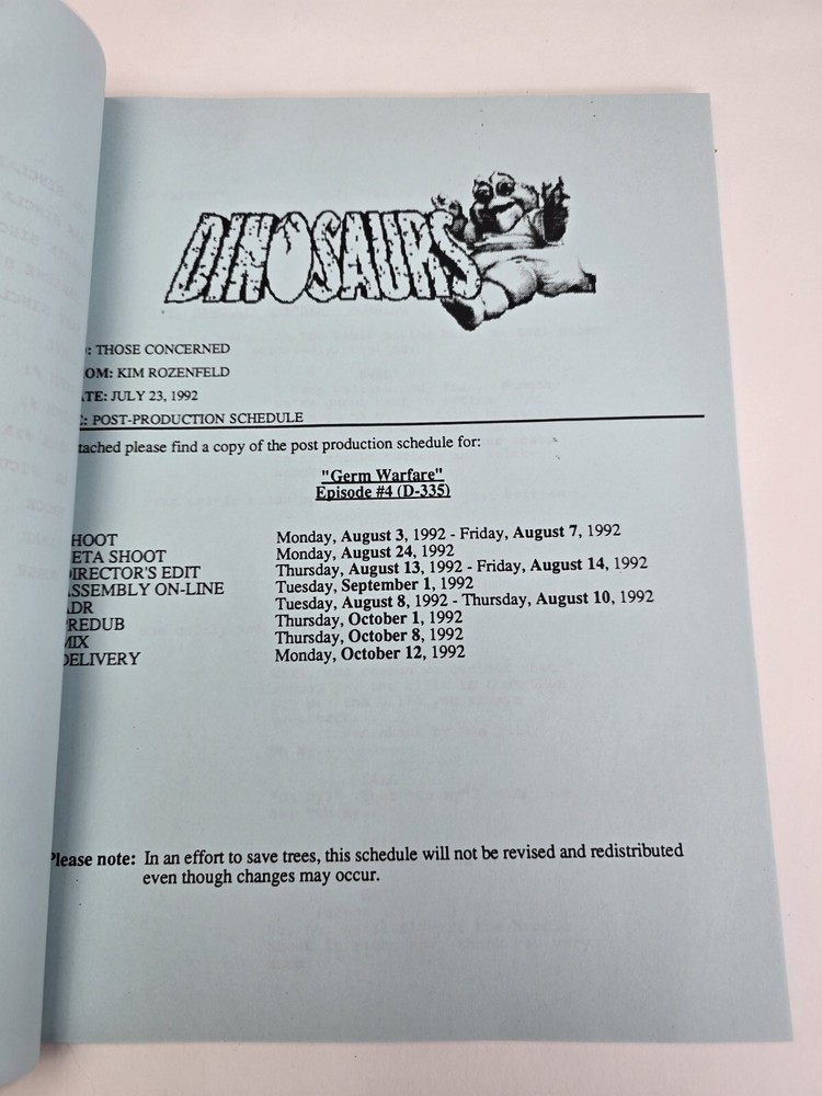 DINOSAURS / Peter Ocko 1992 TV Script, Dan Castellaneta "Germ Warfare"