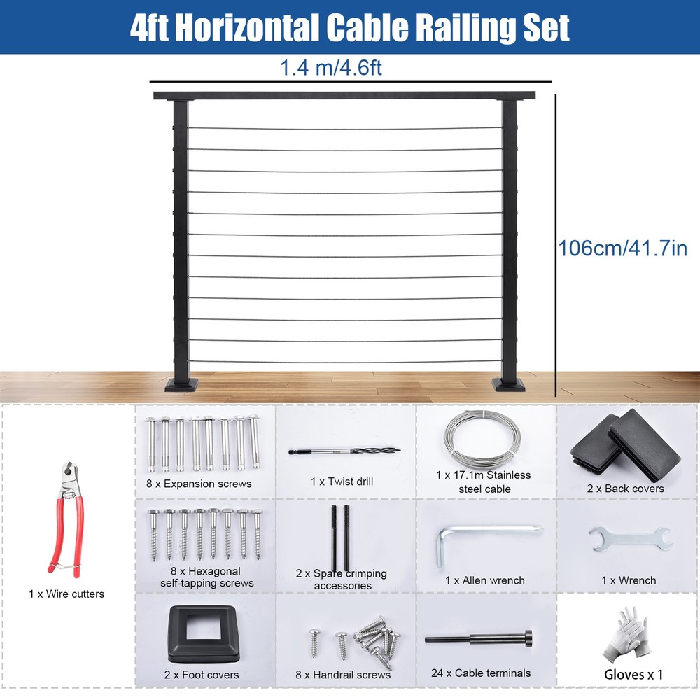 Complete Set Cable Railing System 42" Black Stainless Steel System 4PCS