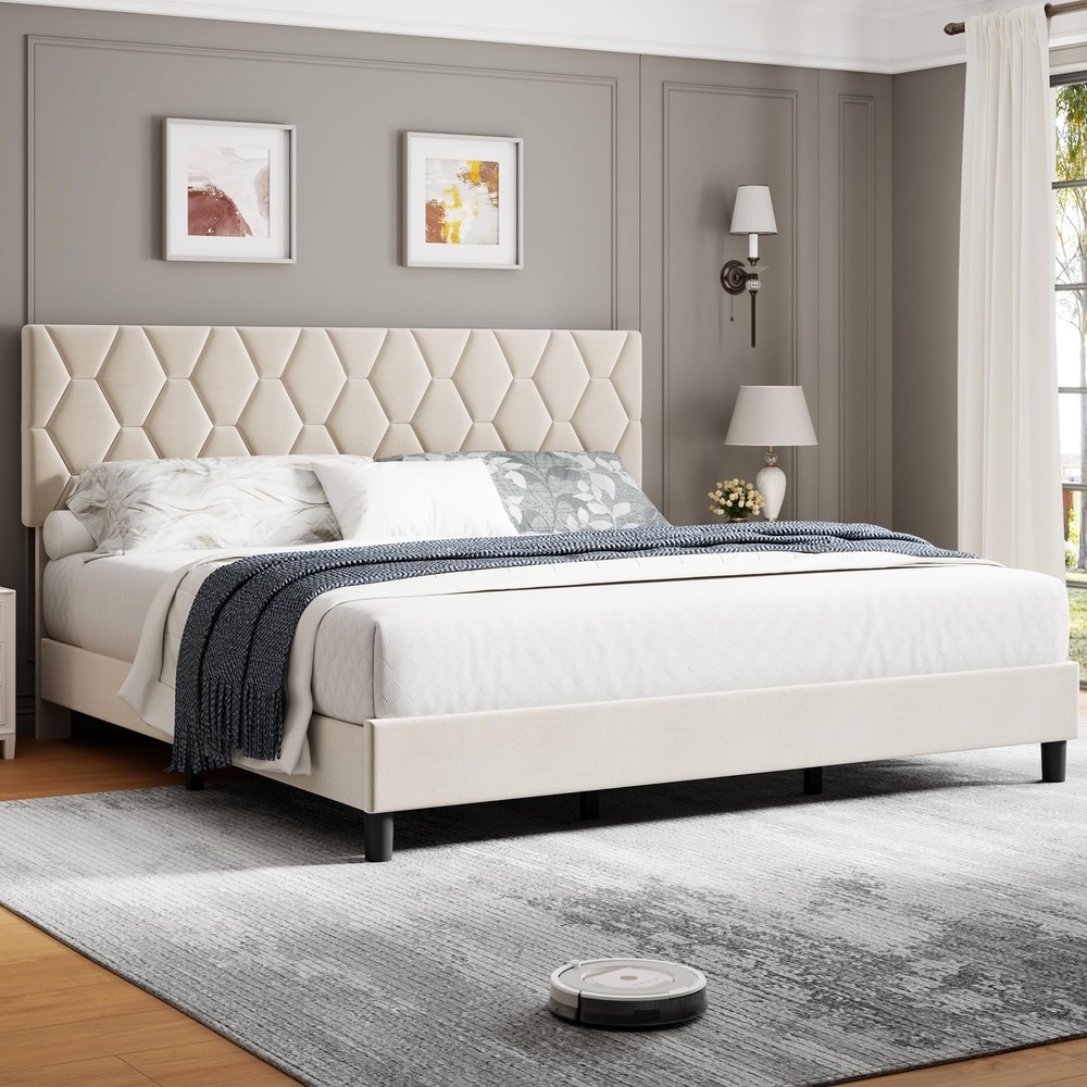 King Size Modern Platform Bed Frame with Upholstered Headboard, Easy Assembly