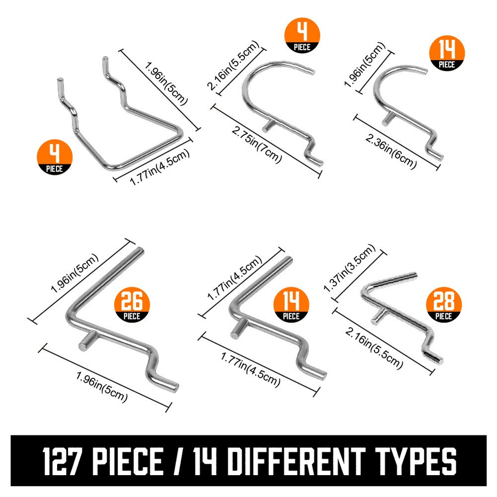 127 Pcs Pegboard Hooks Assortment (3 Baskets 4 pegboard) Organizing Tools