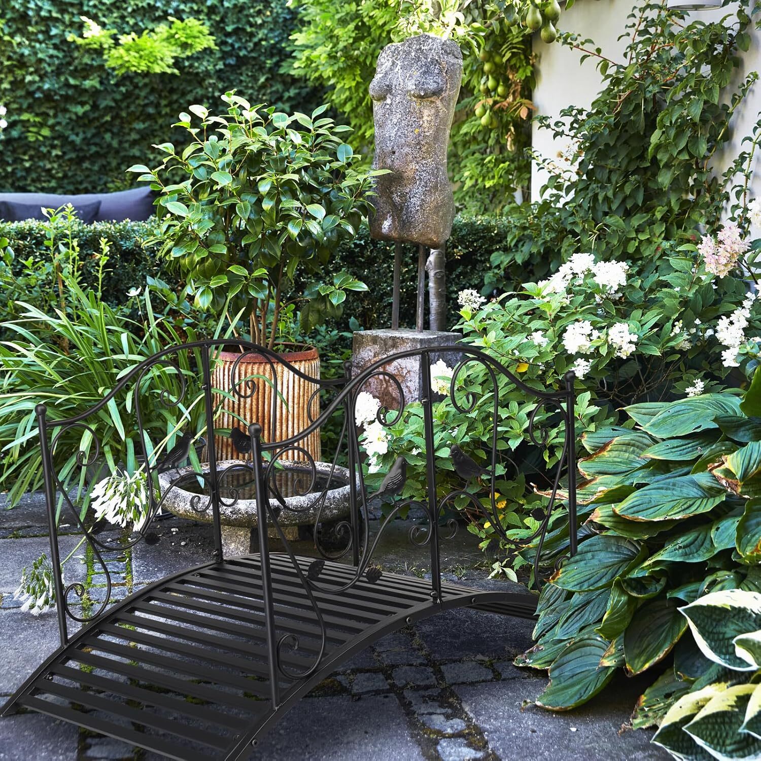 Metal Garden Bridge for Outdoor, Elegant Decorative Bridge w/ Security Guardrail