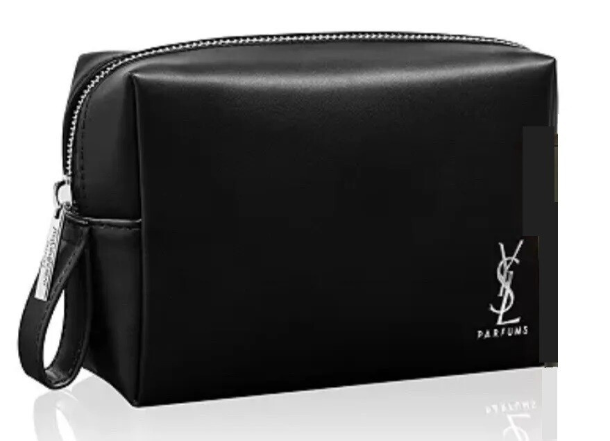YSL Yves Saint Laurent Black Faux Leather Silver Logo Toiletry Makeup Bag NEW!