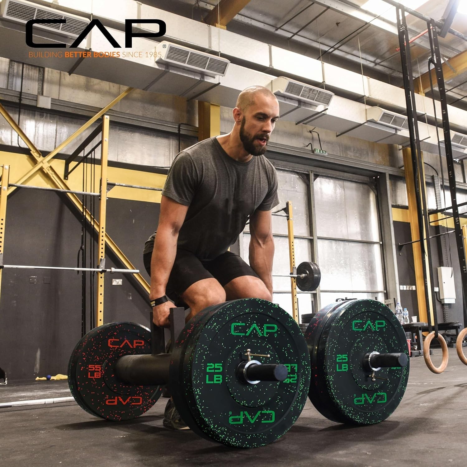 CAP Barbell Economy - Speckled Olympic Bumper Plate Set with Color Logo, Blac