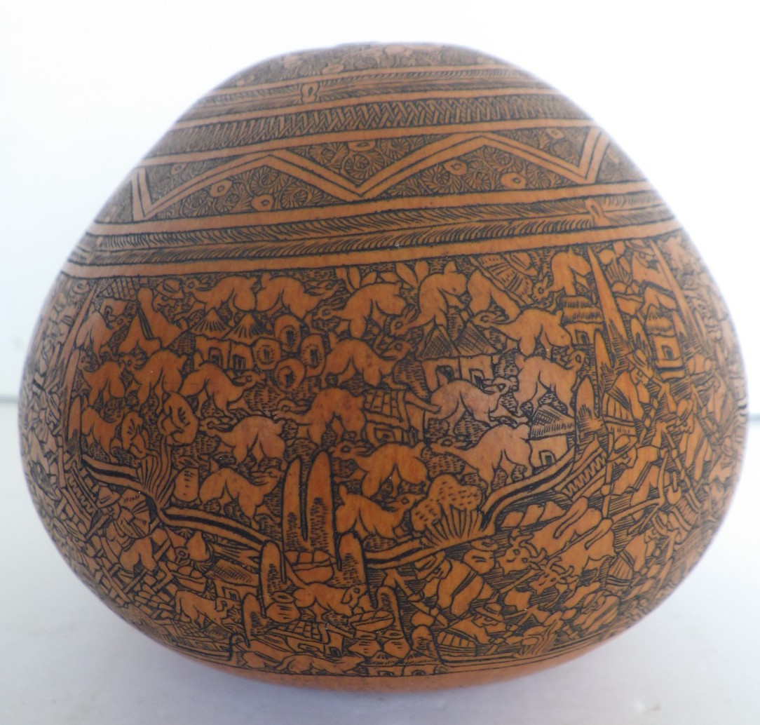 VTG Folk Art Peruvian Handcrafted Carved Gourd Intricate Detailed Story Telling