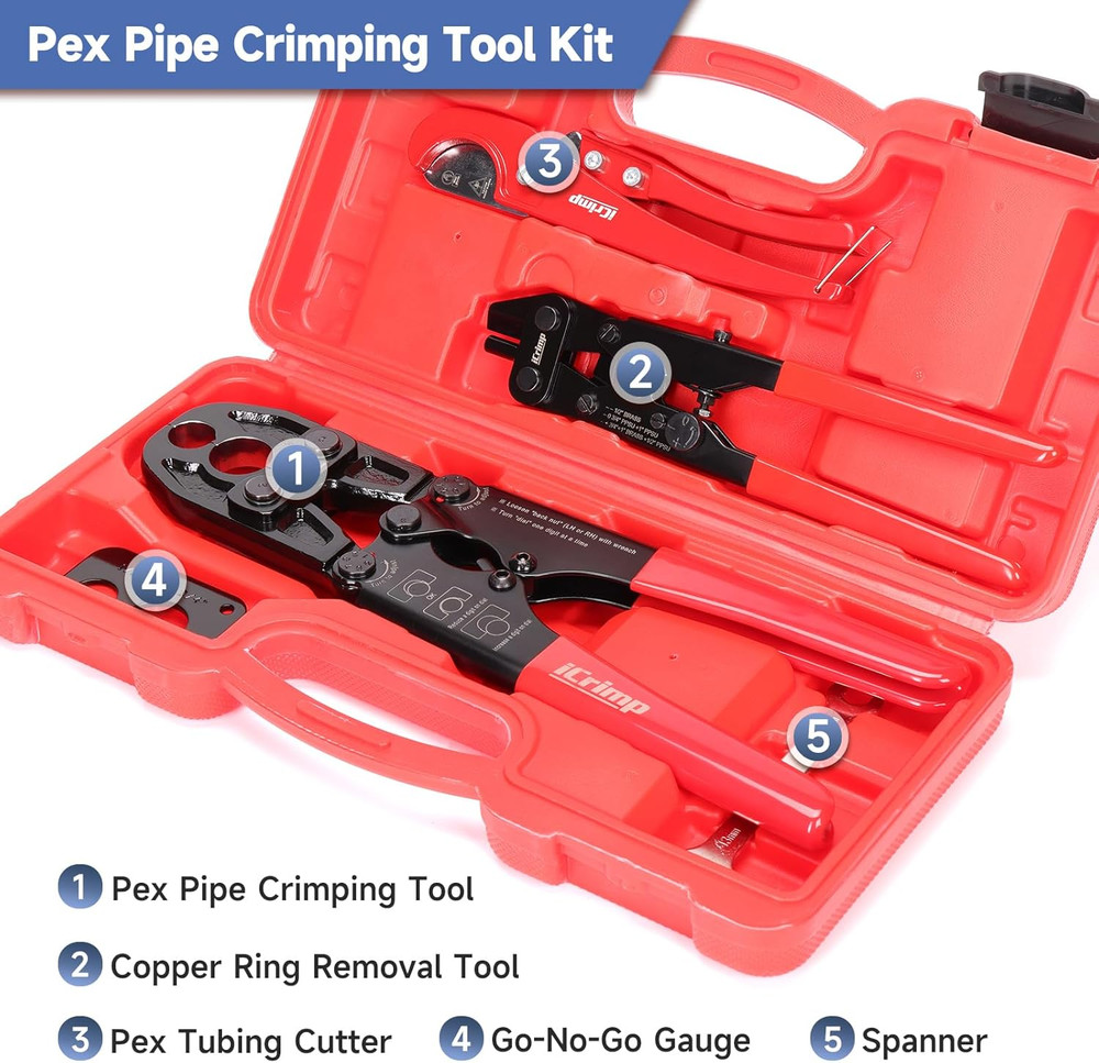 Icrimp Combo Pex Pipe Crimping Tool Kit for 1/2 and 3/4-Inch Copper Ring, Meets