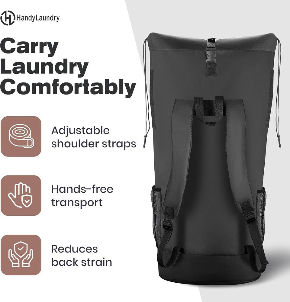 XL Backpack Laundry Bag – 3–4 Loads, Drawstring, Pockets, Adj. Straps, Black, WR