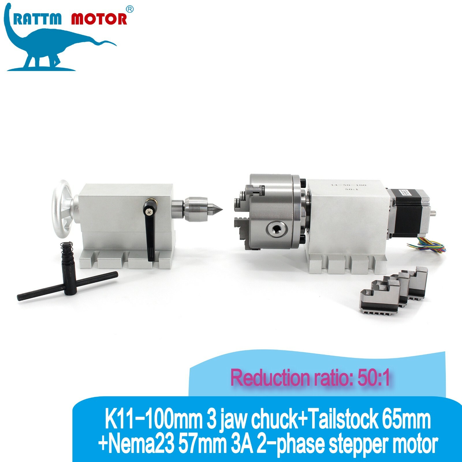 （US）Rotation 4th Axis 3 Jaw 100mm 50:1 Gapless Harmonic Zero Backlash+ Tailstock