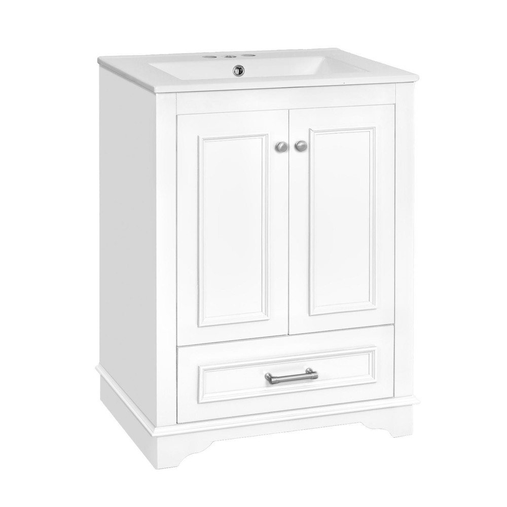 24'' Bathroom Vanity with Ceramic Sink Combo, Solid Wood Frame, Adjustable