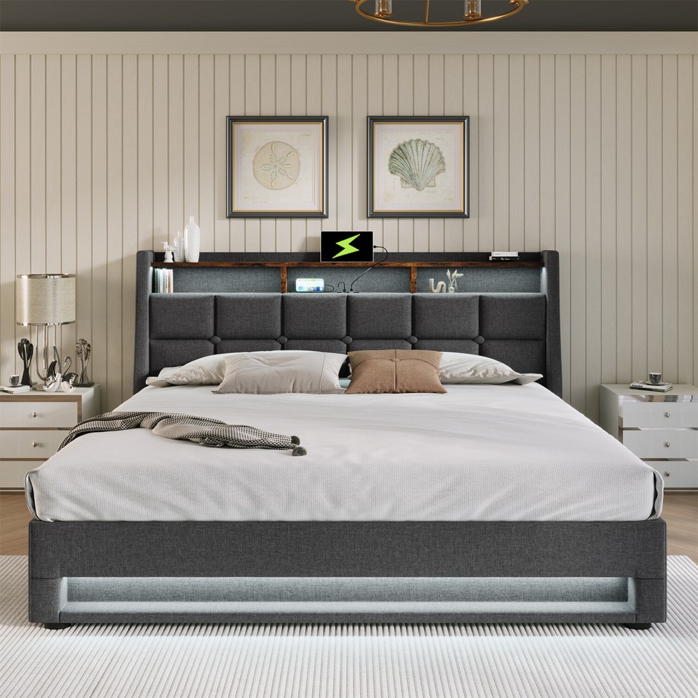 Full Size LED Bed Frame Upholstered Platform Bed with Hydraulic Storage System