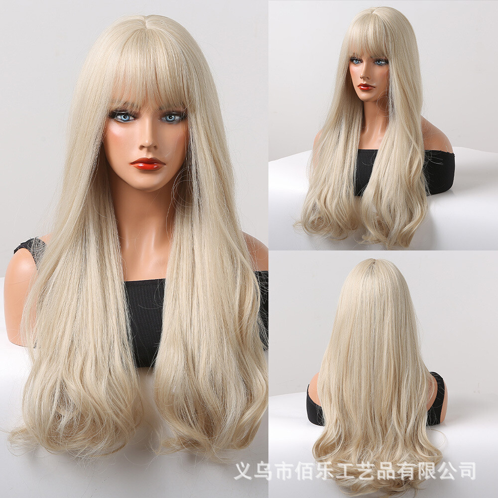 Platinum Blonde Hair Wigs with Bangs Long Wavy Synthetic for Women Fanshion Wigs