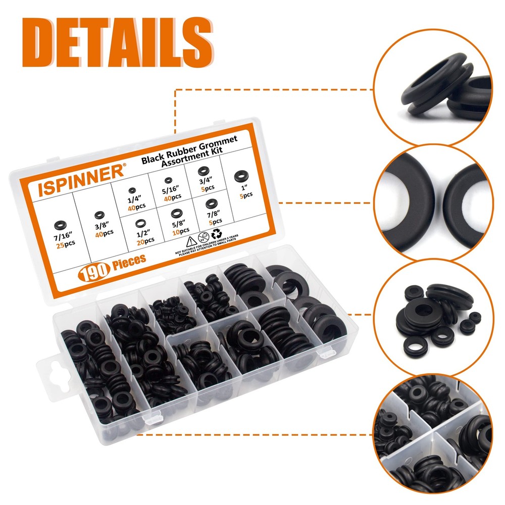 ISPINNER 190pcs Rubber Grommet Assortment Kit, 9 Sizes Eyelet Ring Black