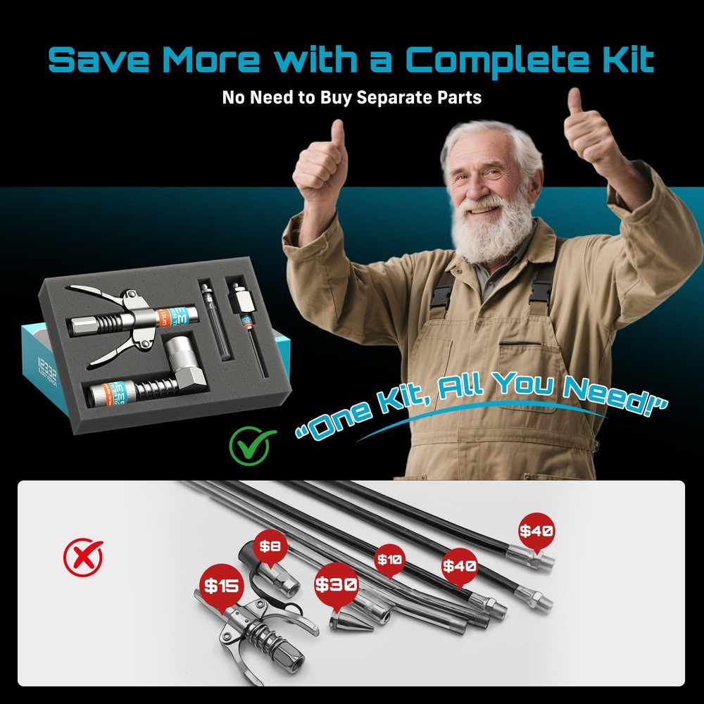 Seesii Grease Gun Accessory Kit, Standard Kit (with Needle Tips), silver