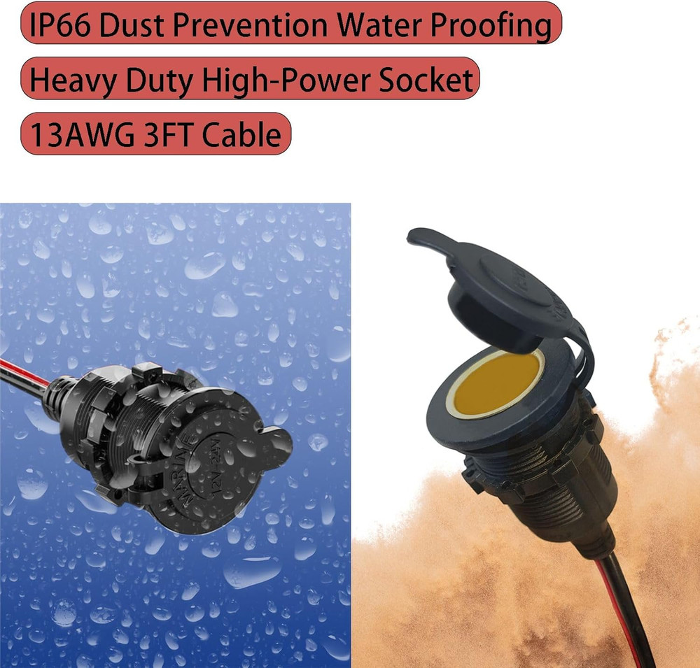 3FT 12V Fixed Thread Cigarette Lighter Socket Extension Cable, 12V Waterproof Ou