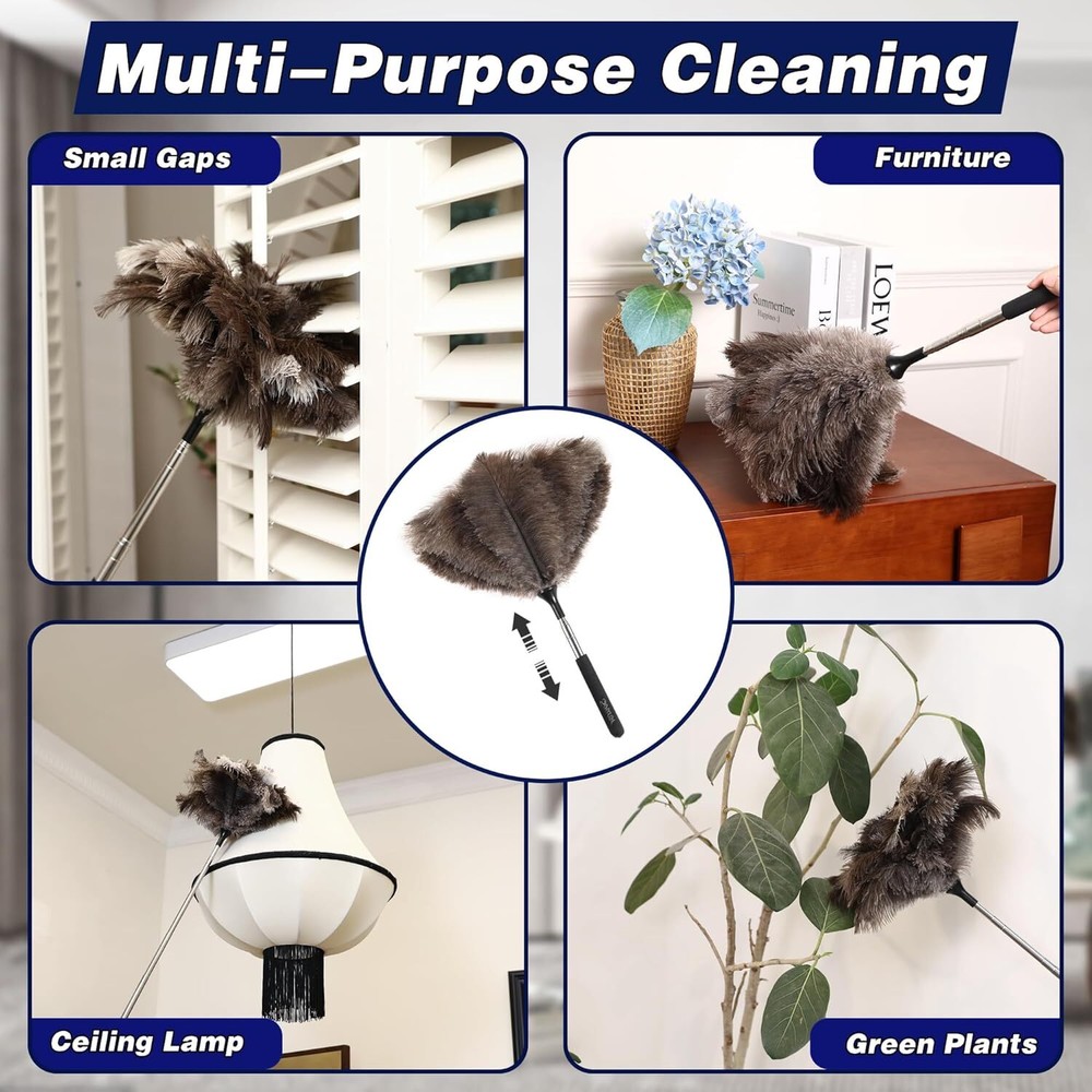 Extendable Ostrich Feather Duster - 40 Inches Fluffy Long Handle Reusable