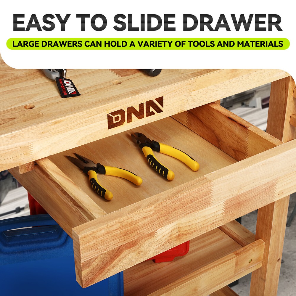 Solid Rubber Wood Workbench Work Desk w/ Drawer + Open Space + Adjustable Handle