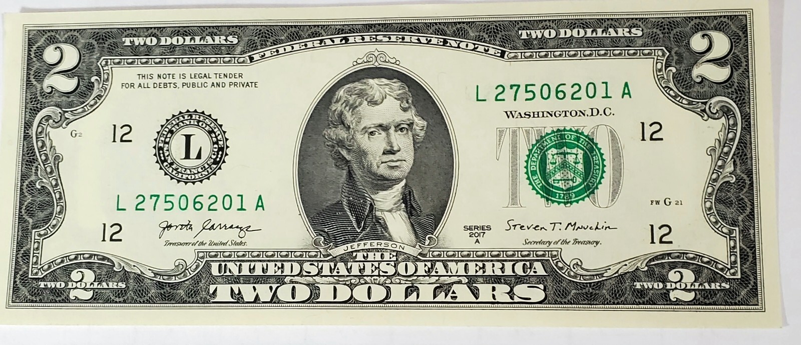 ✯WOW * NEW Uncirculated Two Dollar Bill Crisp $2 Notes 2017A