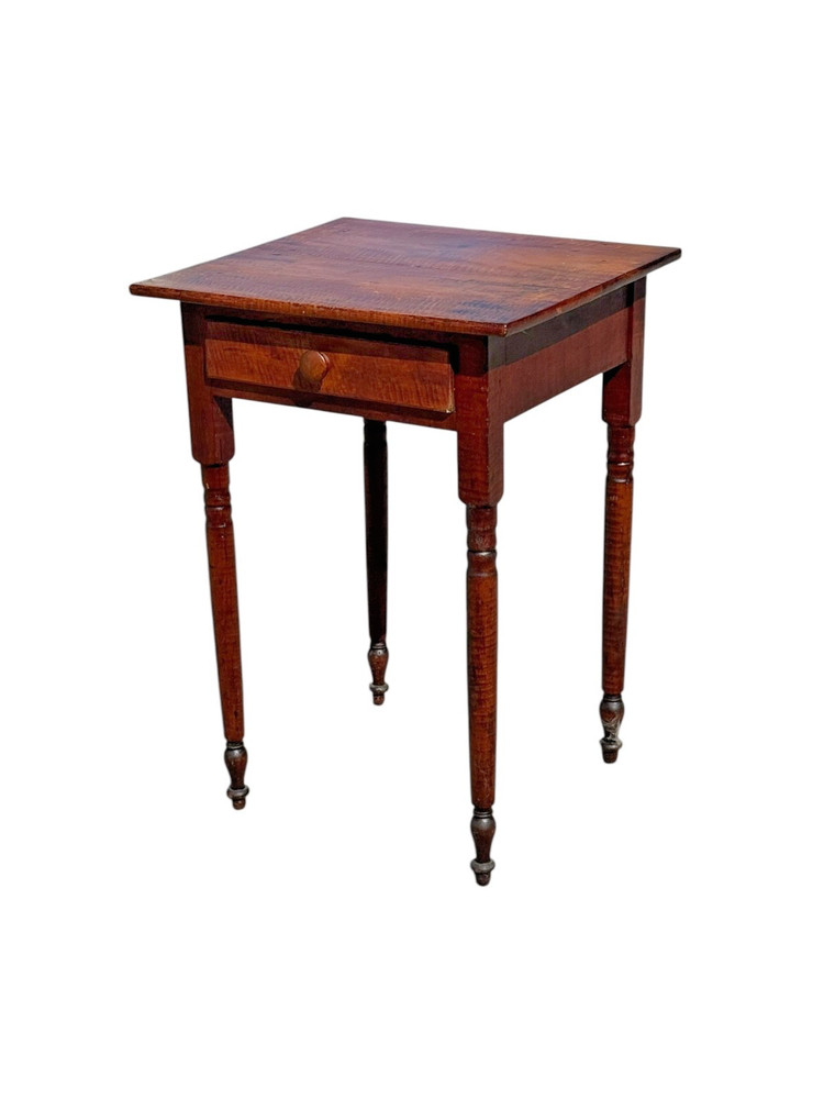 Antique tiger maple side table work stand 1 drawer sheraton 1820