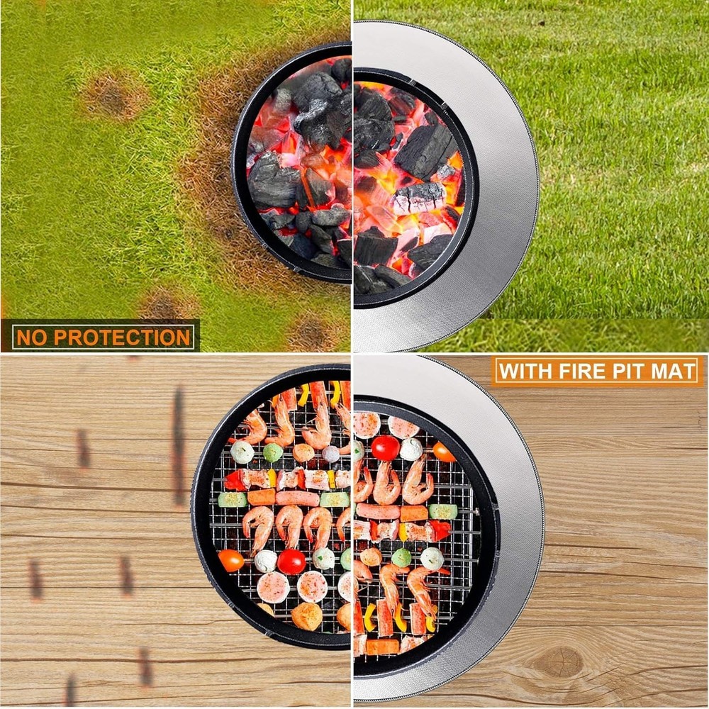38" Round Fire Pit Mat - Double-Sided Fireproof & Waterproof, Black & Silver