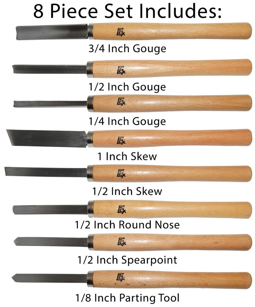8 Piece Wood Chisel Set for Lathe Woodworking - Gouges, Skews, Parting Tool, etc