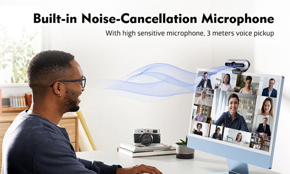 TOALLIN 2K QHD Webcam Auto-Focus Windows Hello Privacy Shutter with Microphone