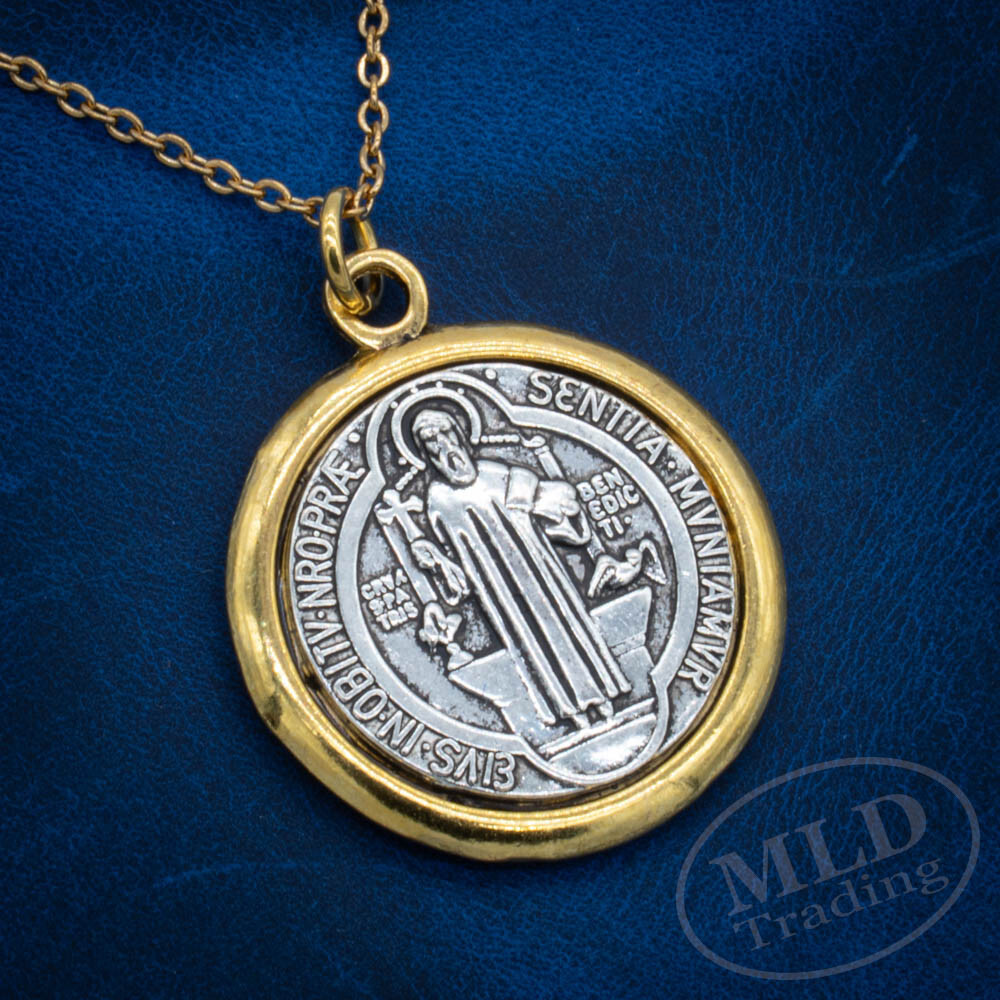 Saint St Benedict Medal Pendant Necklace: Silver w/ Gold Border, 1", 18" Chain