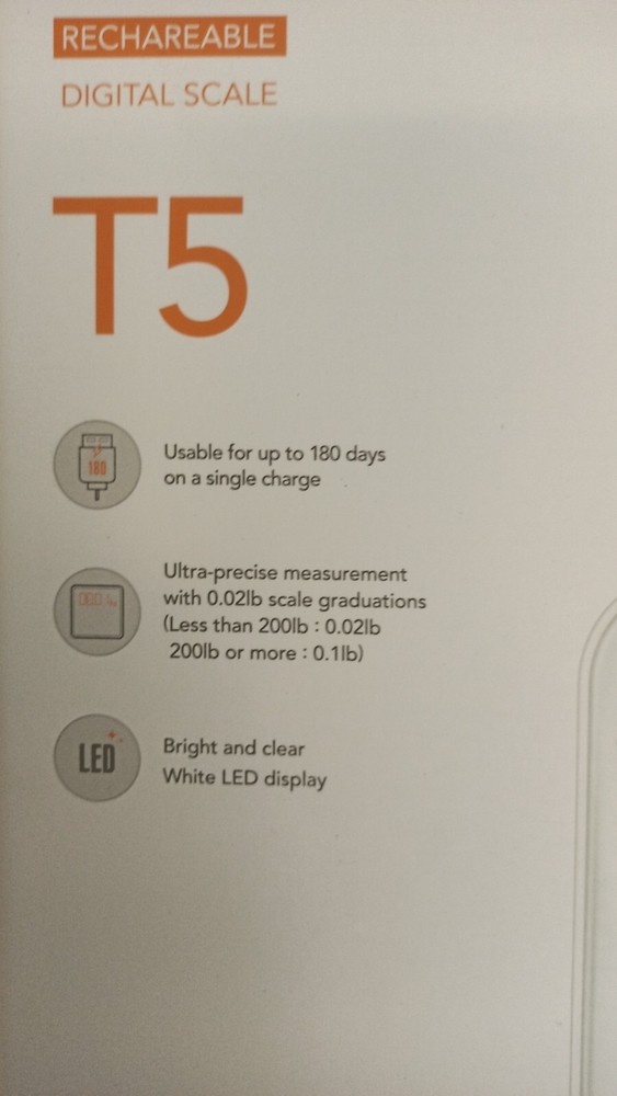 atflee Rechargeable Digital Scale Scale T5 With Micro USB Cable - White