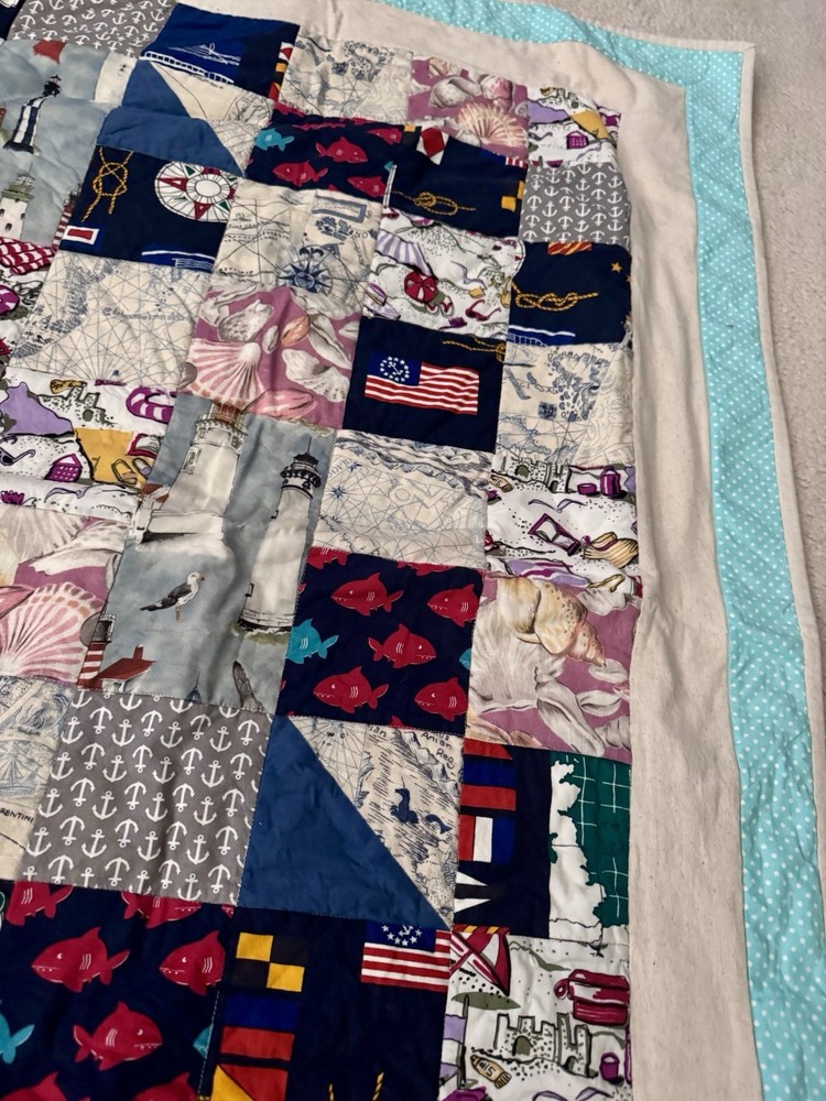 Handmade Lap Quilt 40x50 Nautical Themed Patchwork